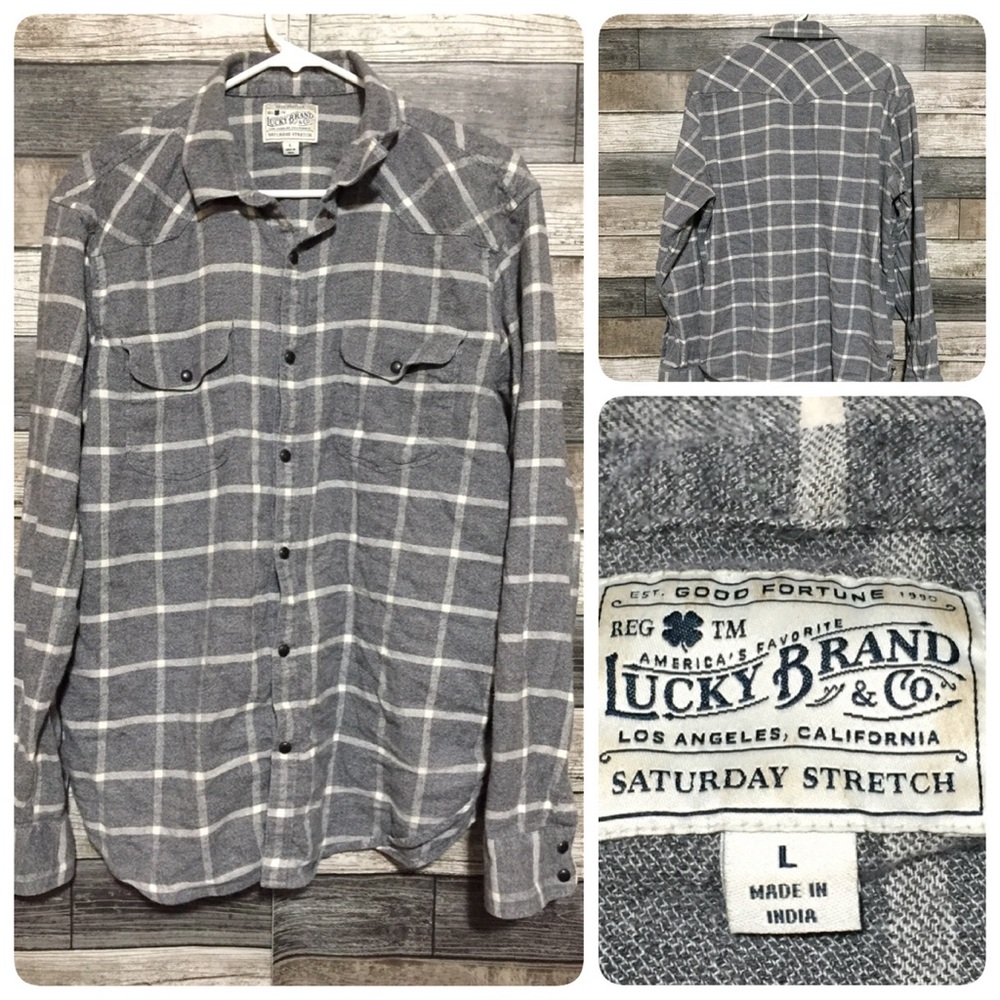 Lucky Brand Saturday Stretch Flannel Men’s L Gray Plaid Snap Button
